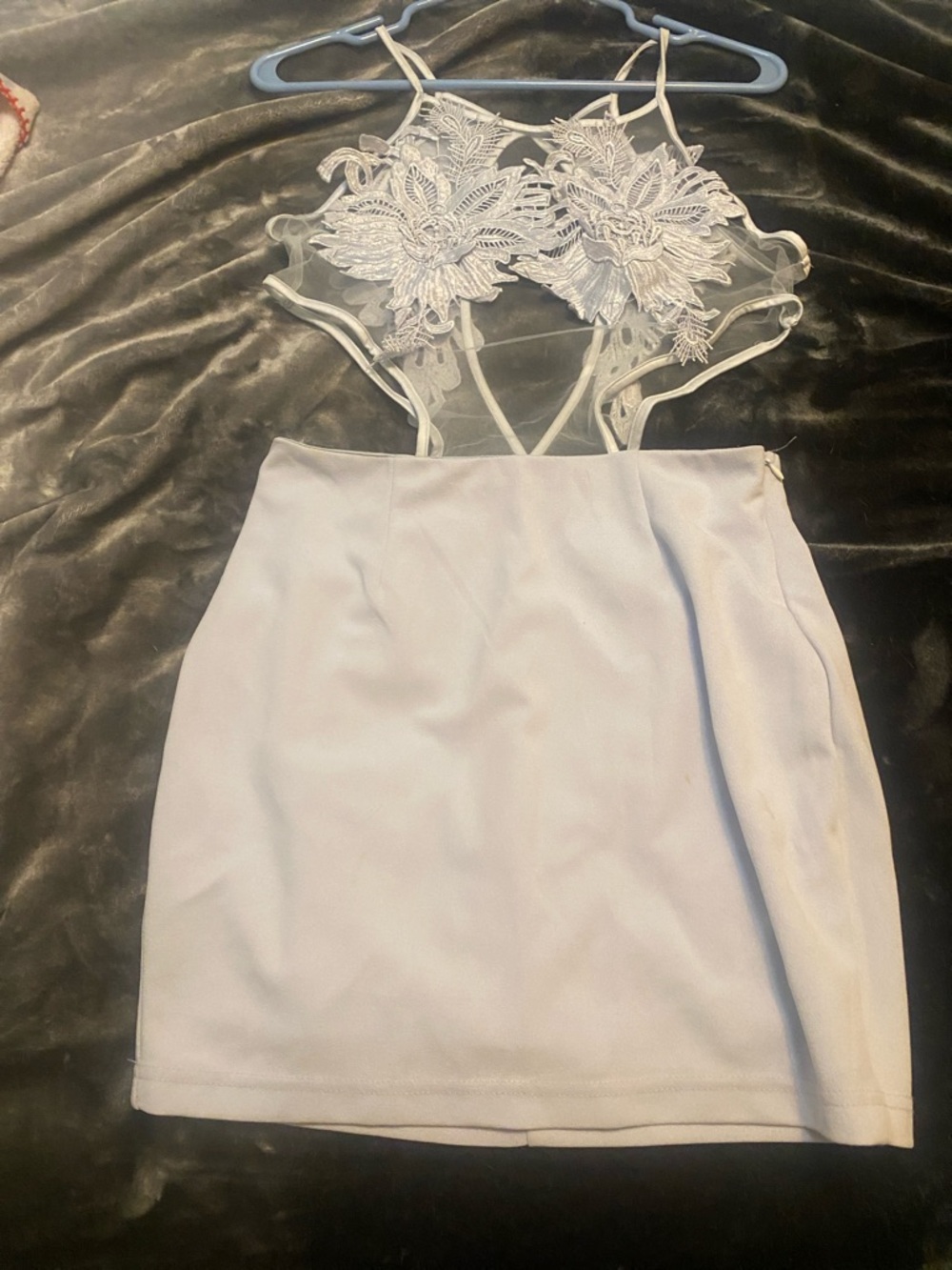 Lace Appliqué Halter Mini Dress in Light Lavender